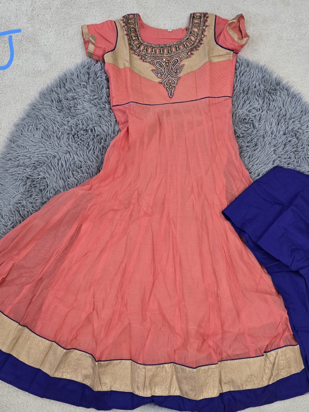 Embellished Coral Pink Anarkali Dress with Gold Trim